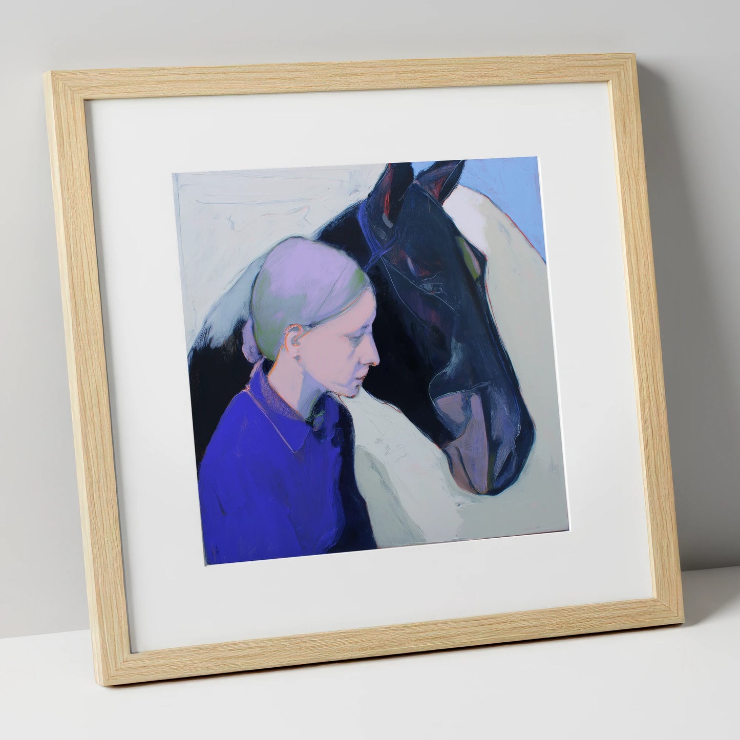Silent Understanding horse & rider art print in natural frame