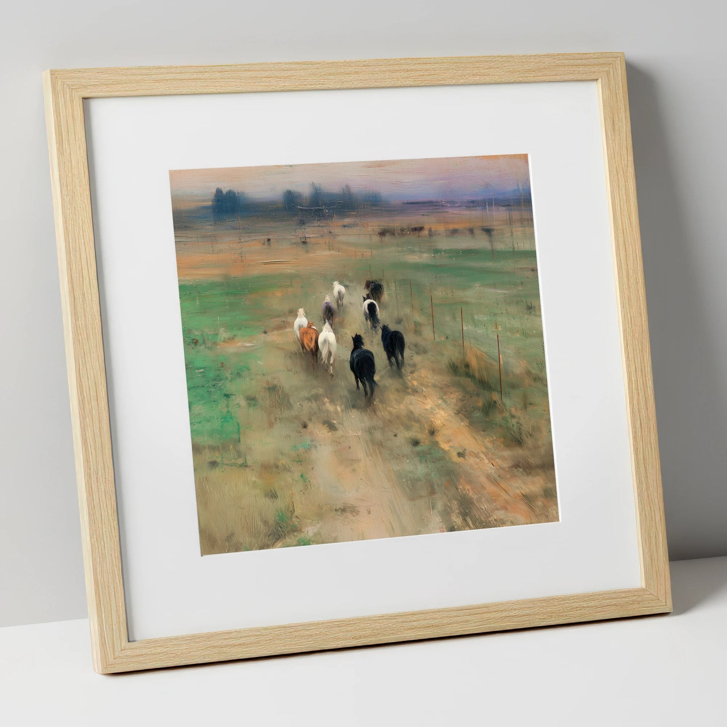 Heading for the Horizon wild horses art print in natural frame