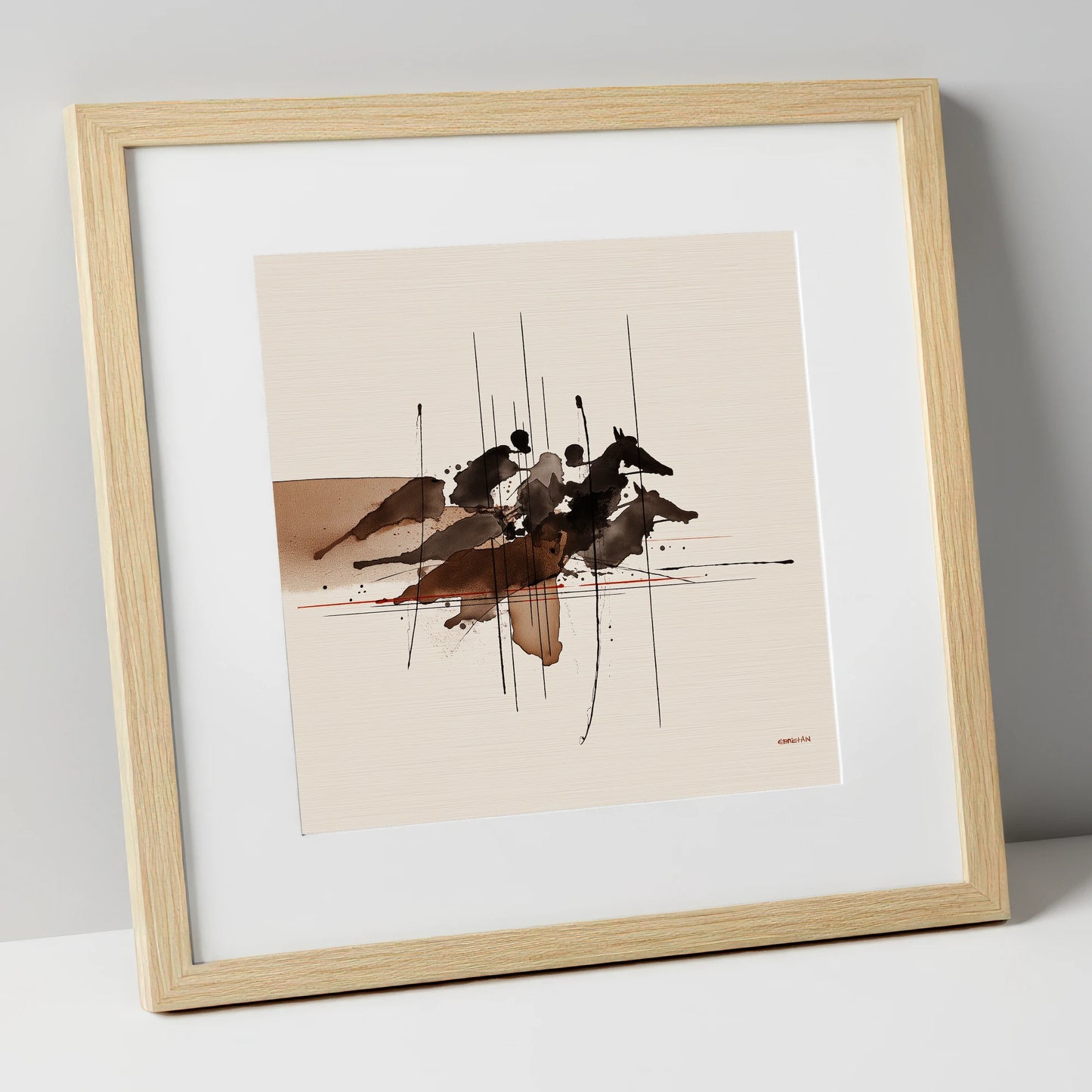 Pulse of the Turf racing horse art print in natural frame