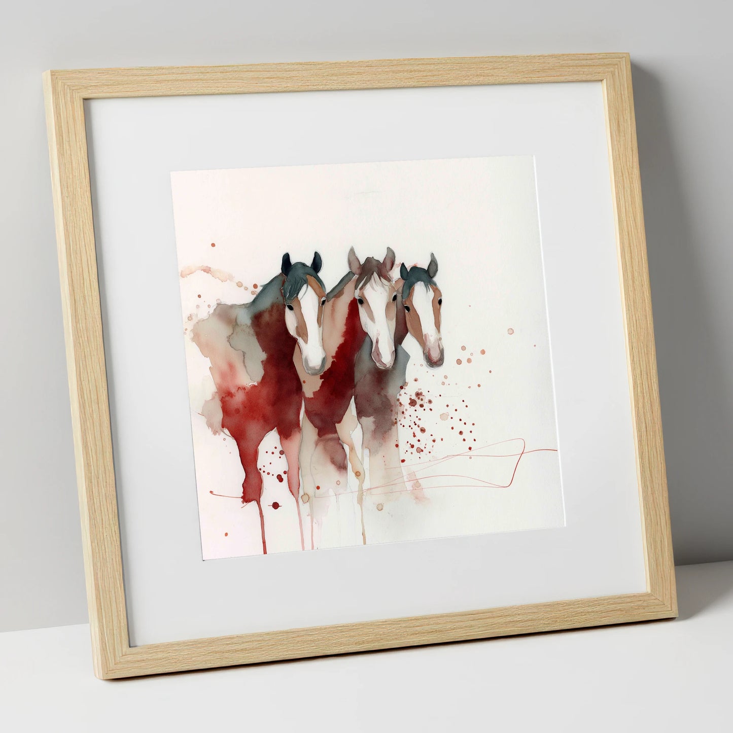 Crimson Companions wild horses art print in natural frame