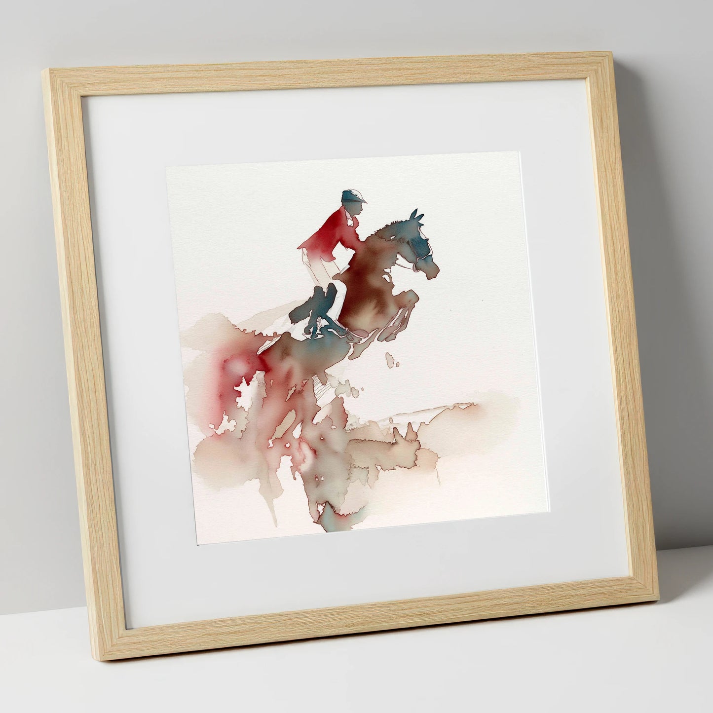 Crimson Flight show jumping horse art print in natural frame