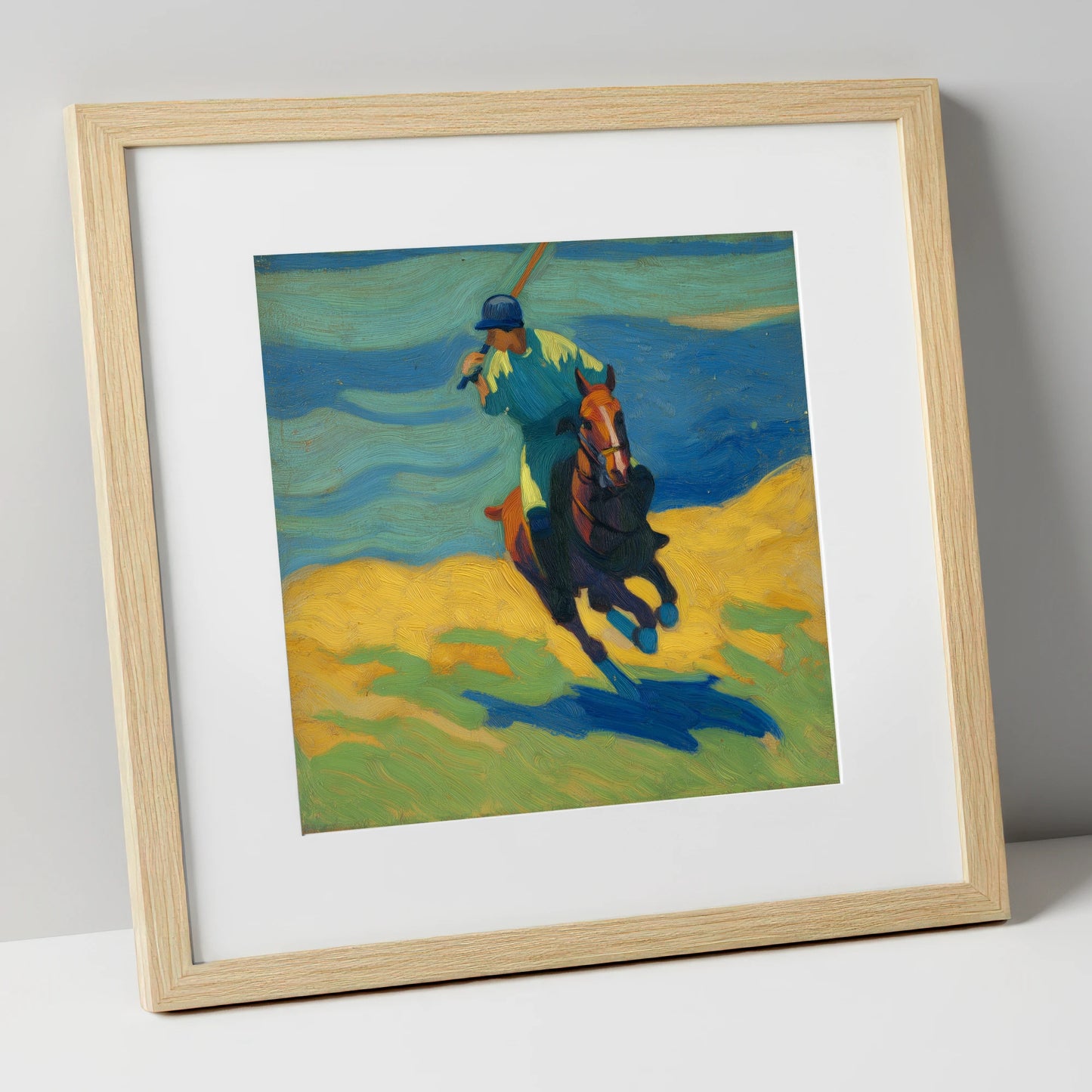 Vivid Polo Strike polo horse art print in natural frame