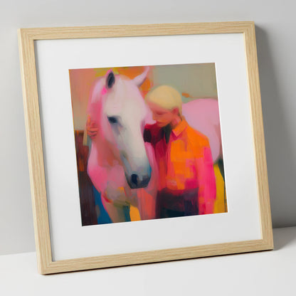 The Vibrant Connection horse & rider art print in natural frame