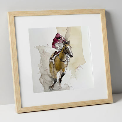 The Final Furlong racing horse art print in natural frame
