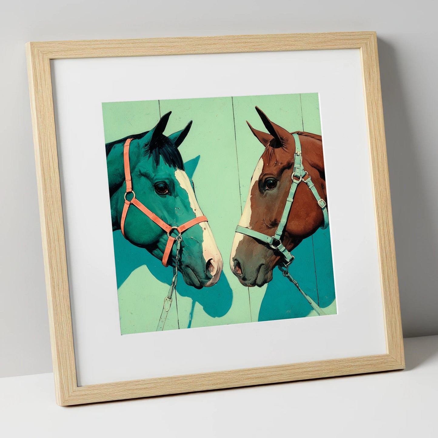Vivid Companions horse portrait art print in natural frame