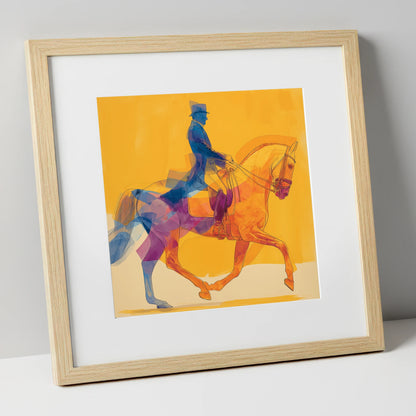 Cobalt and Gold Passage dressage horse art print in natural frame