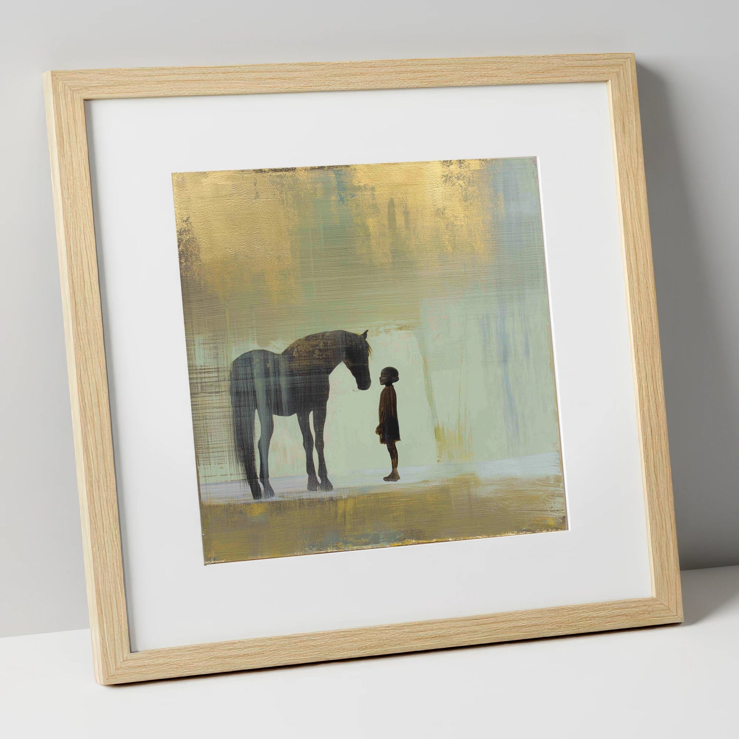 A Quiet Understanding horse & rider art print in natural frame