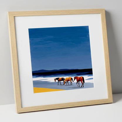 Azure Shoreline Trio horse landscape art print in natural frame