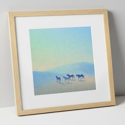Ethereal Blue Herd wild horses art print in natural frame