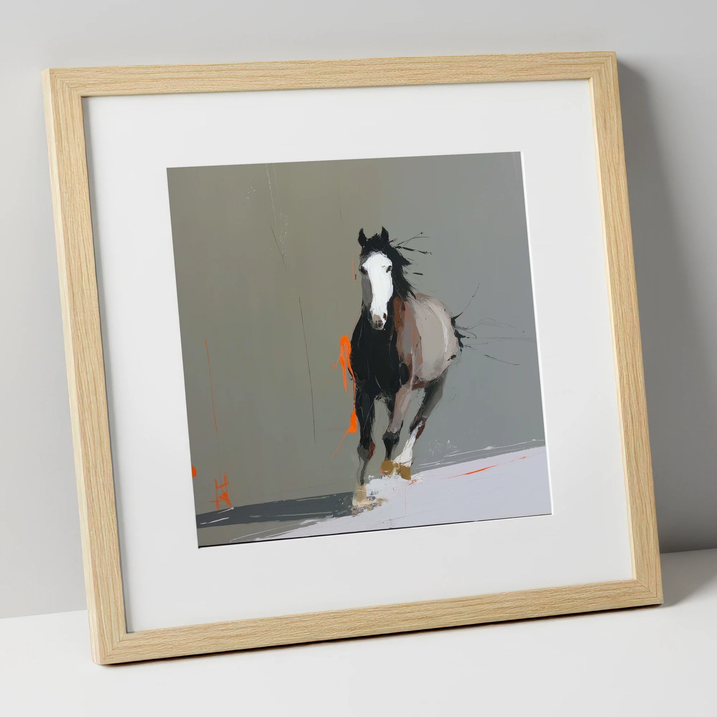 Striking Forward Impulse horse portrait art print in natural frame