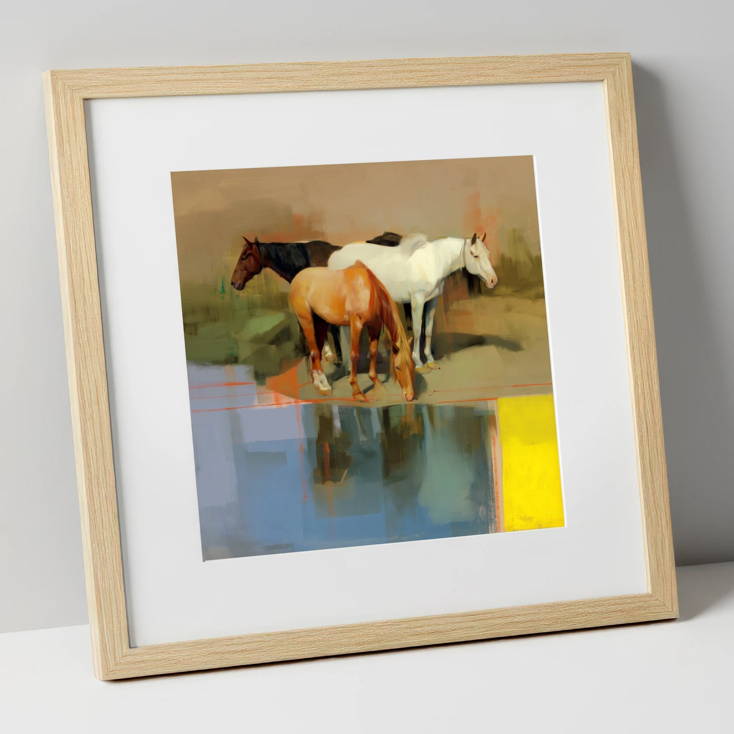 Vibrant Equine Reflections wild horses art print in natural frame