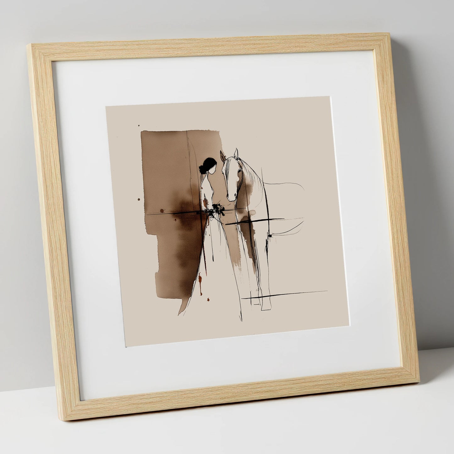 Silent Devotion horse & rider art print in natural frame