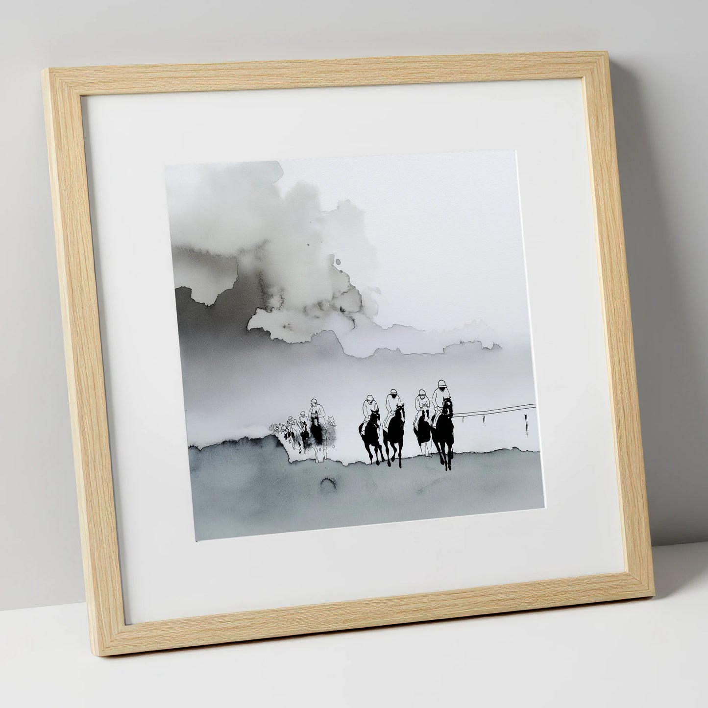 The Morning Gallops racing horse art print in natural frame