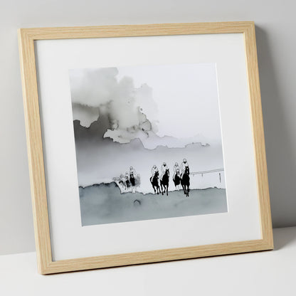 The Morning Gallops racing horse art print in natural frame