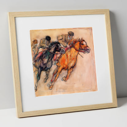 The Final Furlong racing horse art print in natural frame
