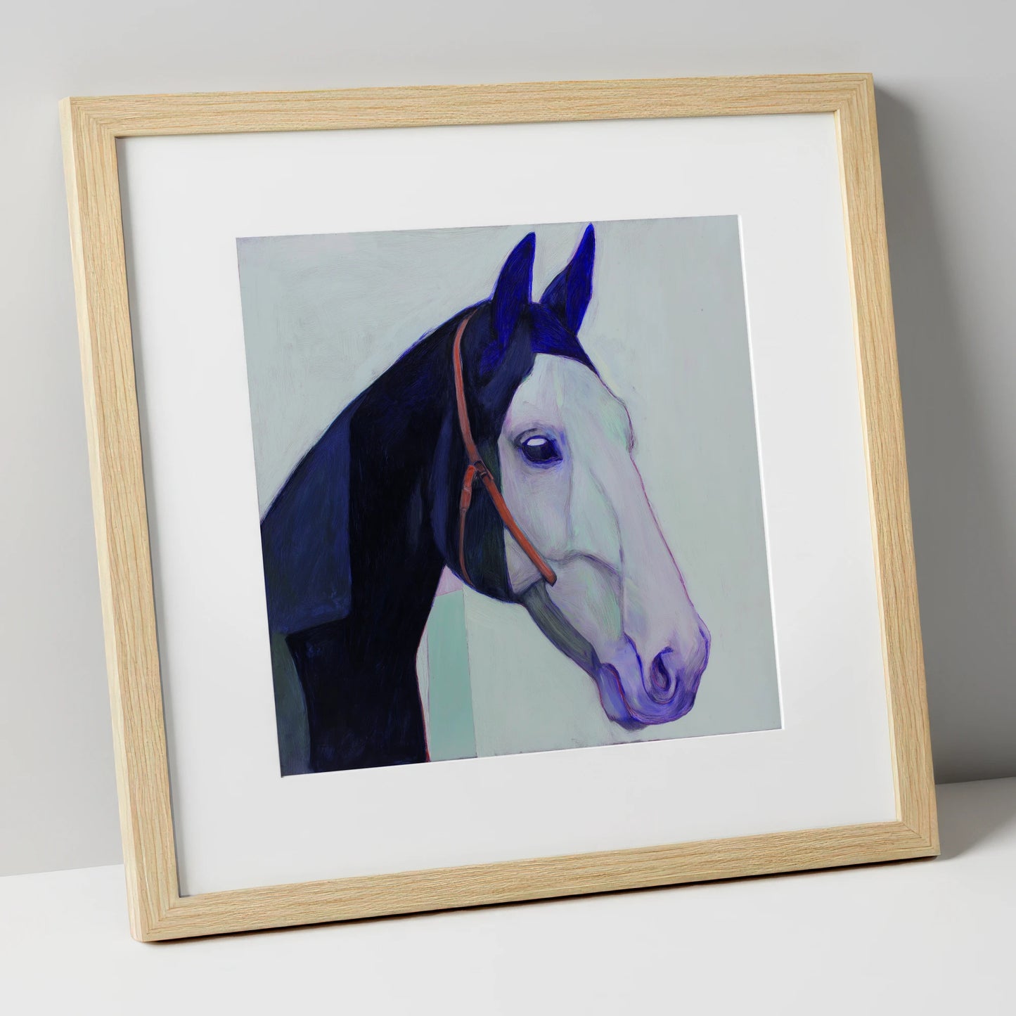 Indigo and Ice horse portrait art print in natural frame