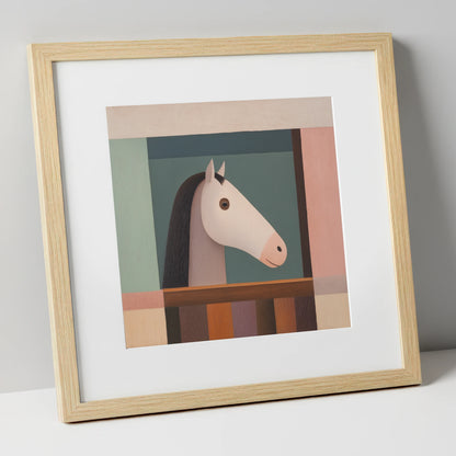 The Quiet Stable Companion horse stable art print in natural frame