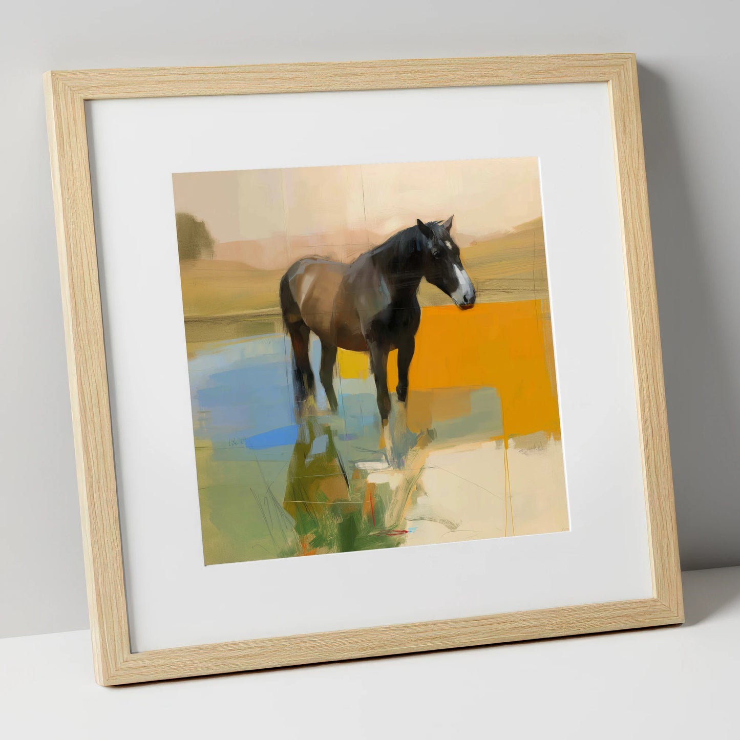 Reflections in Ochre horse portrait art print in natural frame