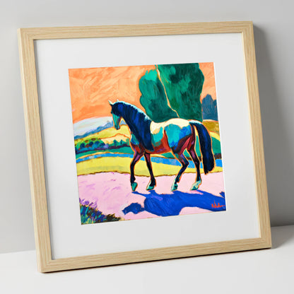 The Cobalt Stride horse breed art print in natural frame