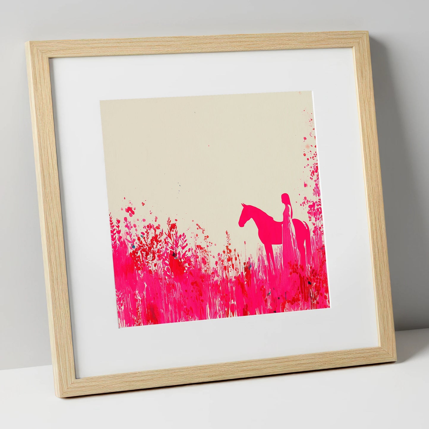 Vibrant Magenta Silhouette horse & rider art print in natural frame