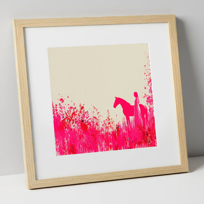 Vibrant Magenta Silhouette horse & rider art print in natural frame