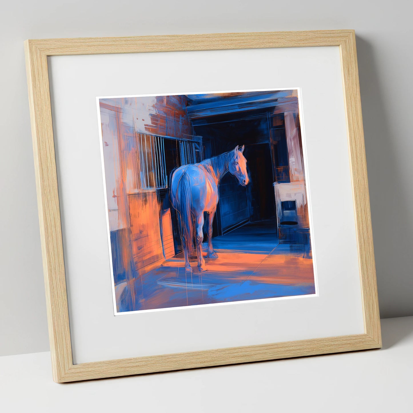 Quiet Light in the Yard horse stable art print in natural frame
