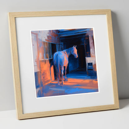 Quiet Light in the Yard horse stable art print in natural frame