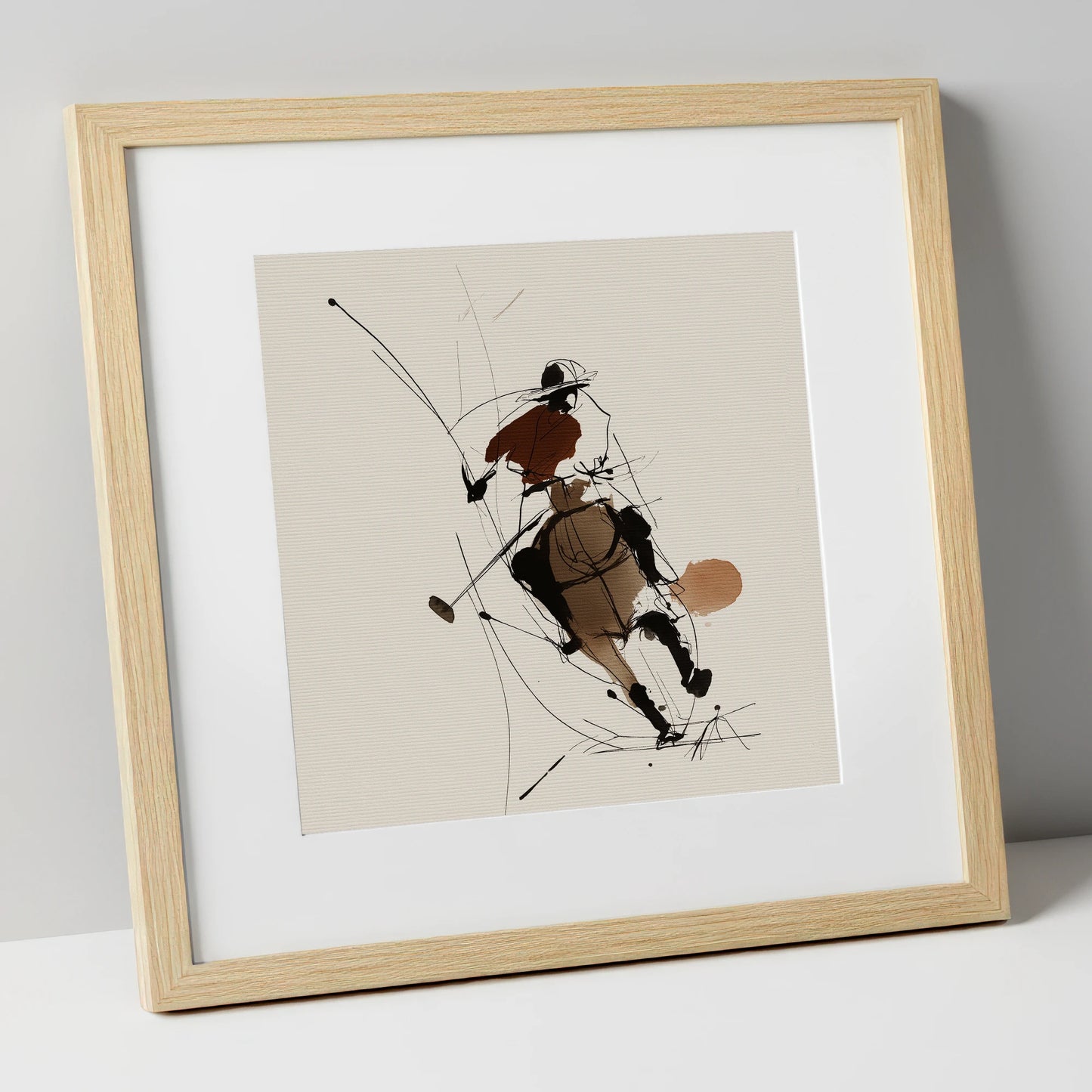 Dynamic Chukka polo horse art print in natural frame
