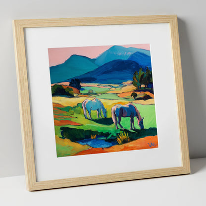 Painted Valley Grazing horse landscape art print in natural frame