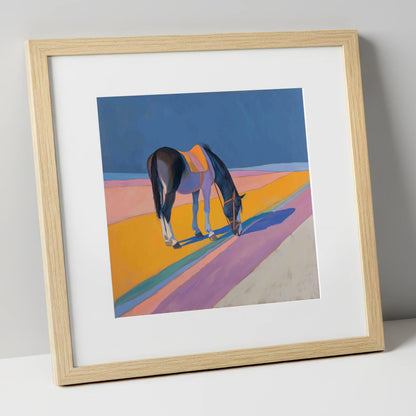 The Golden Hour Grazing working horse art print in natural frame