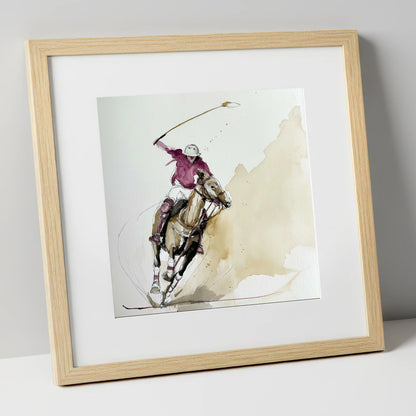 The Decisive Swing polo horse art print in natural frame