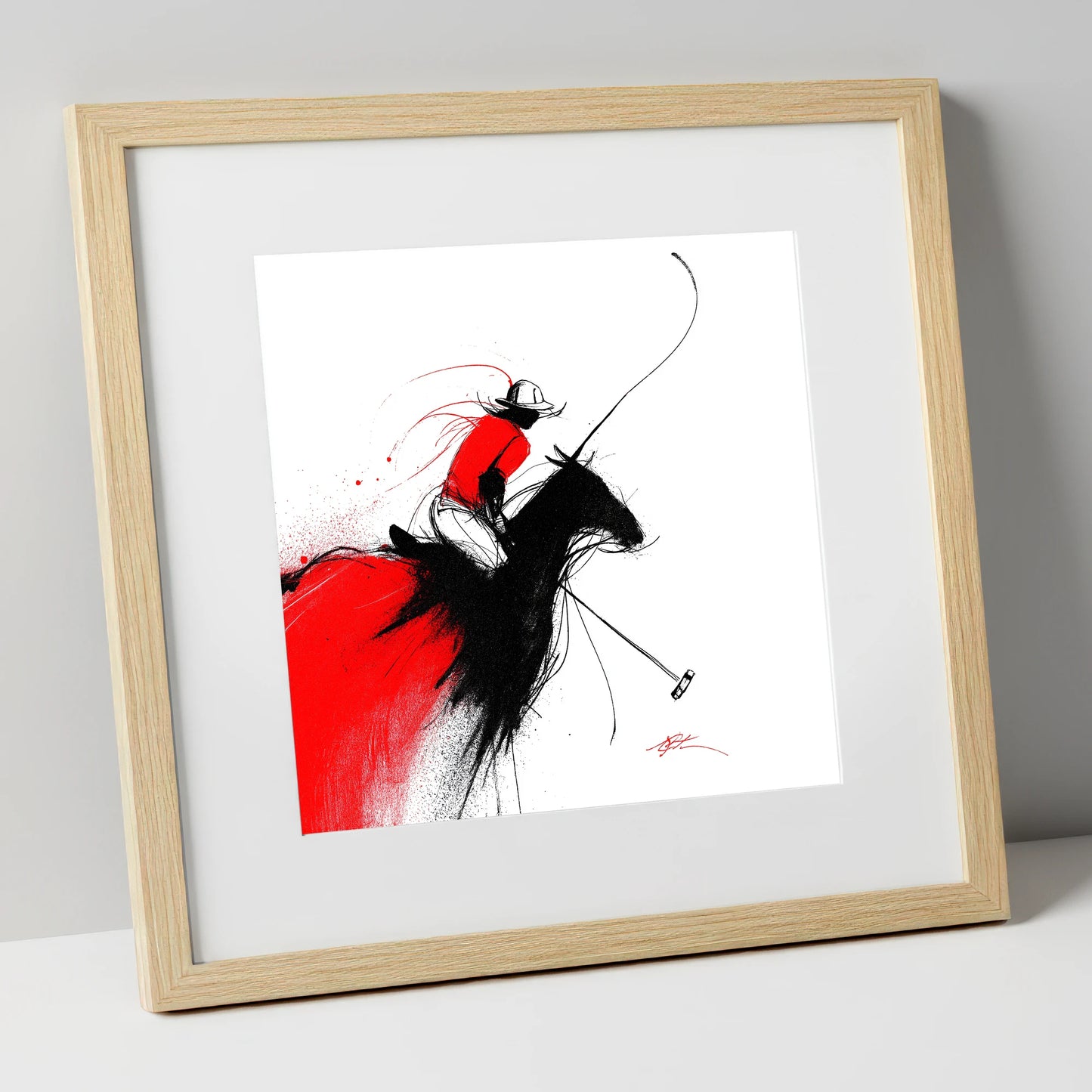 Crimson Polo Strike polo horse art print in natural frame