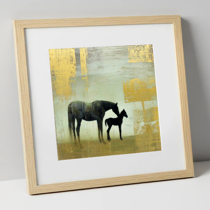 Gilded Maternal Bond mare & foal art print in natural frame