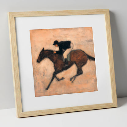 Flight of the Bay racing horse art print in natural frame