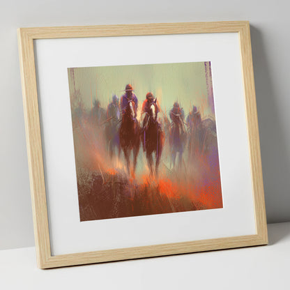 The Dawn Gallop racing horse art print in natural frame