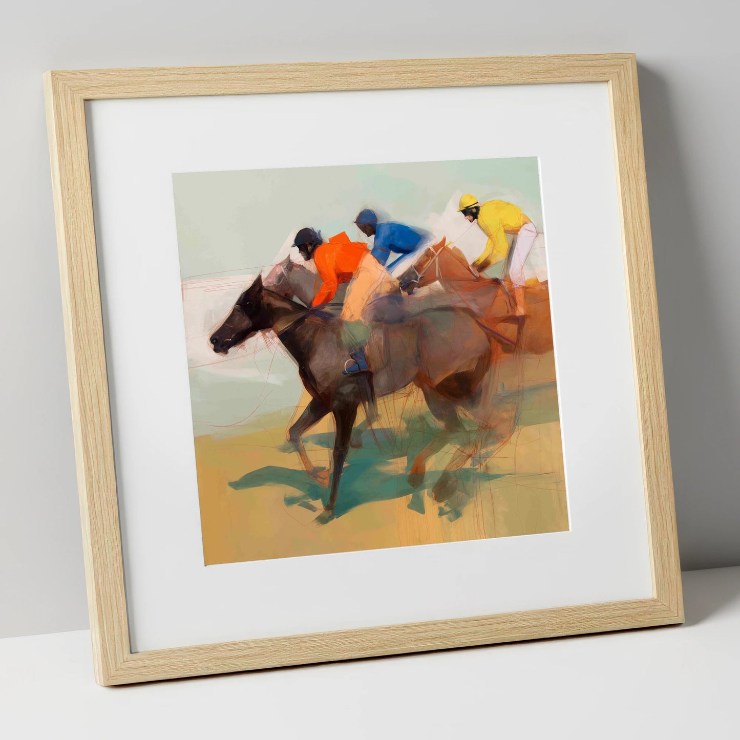 Silks of the Final Furlong racing horse art print in natural frame
