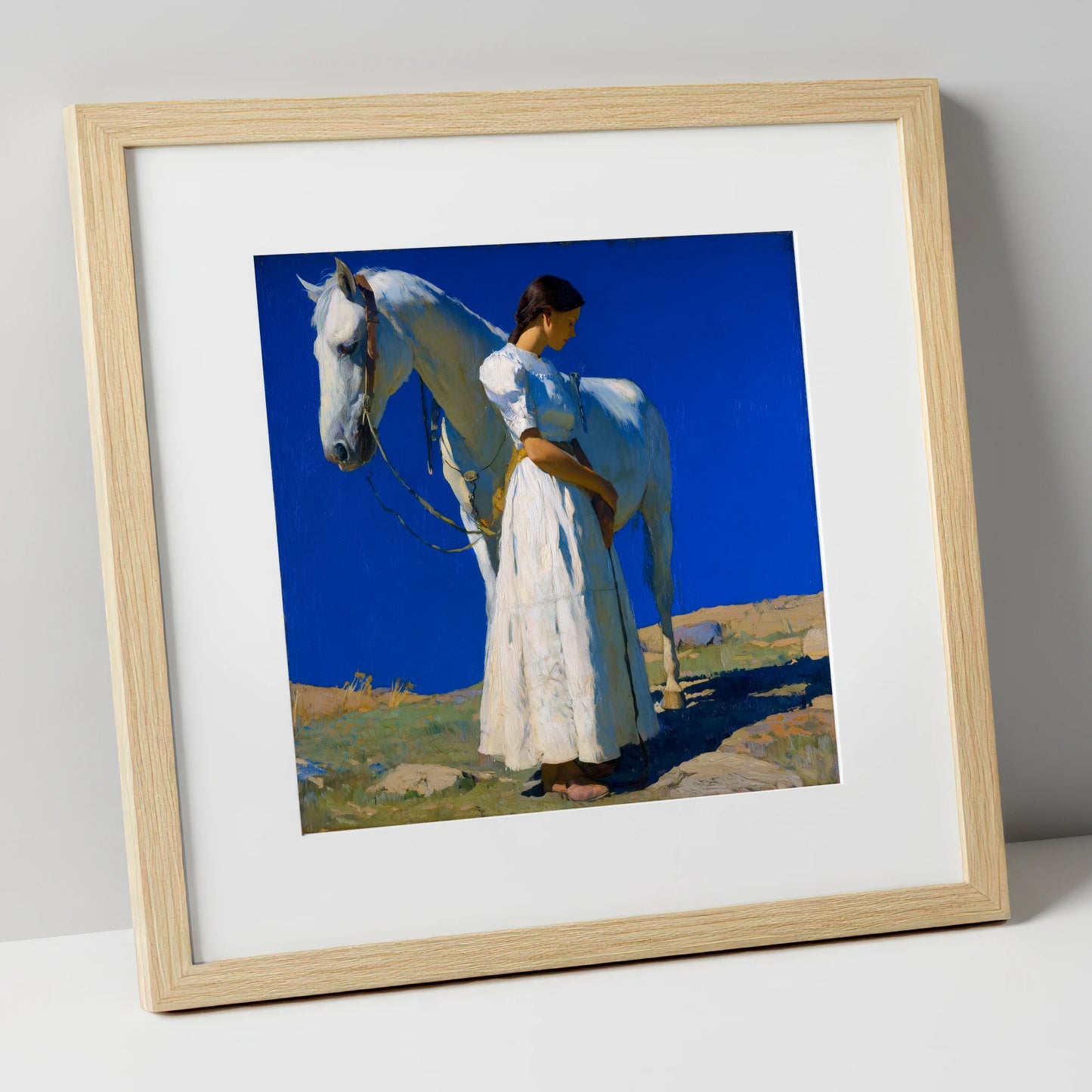 Under Azure Skies horse & rider art print in natural frame