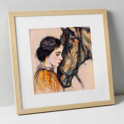 The Unspoken Bond horse & rider art print in natural frame