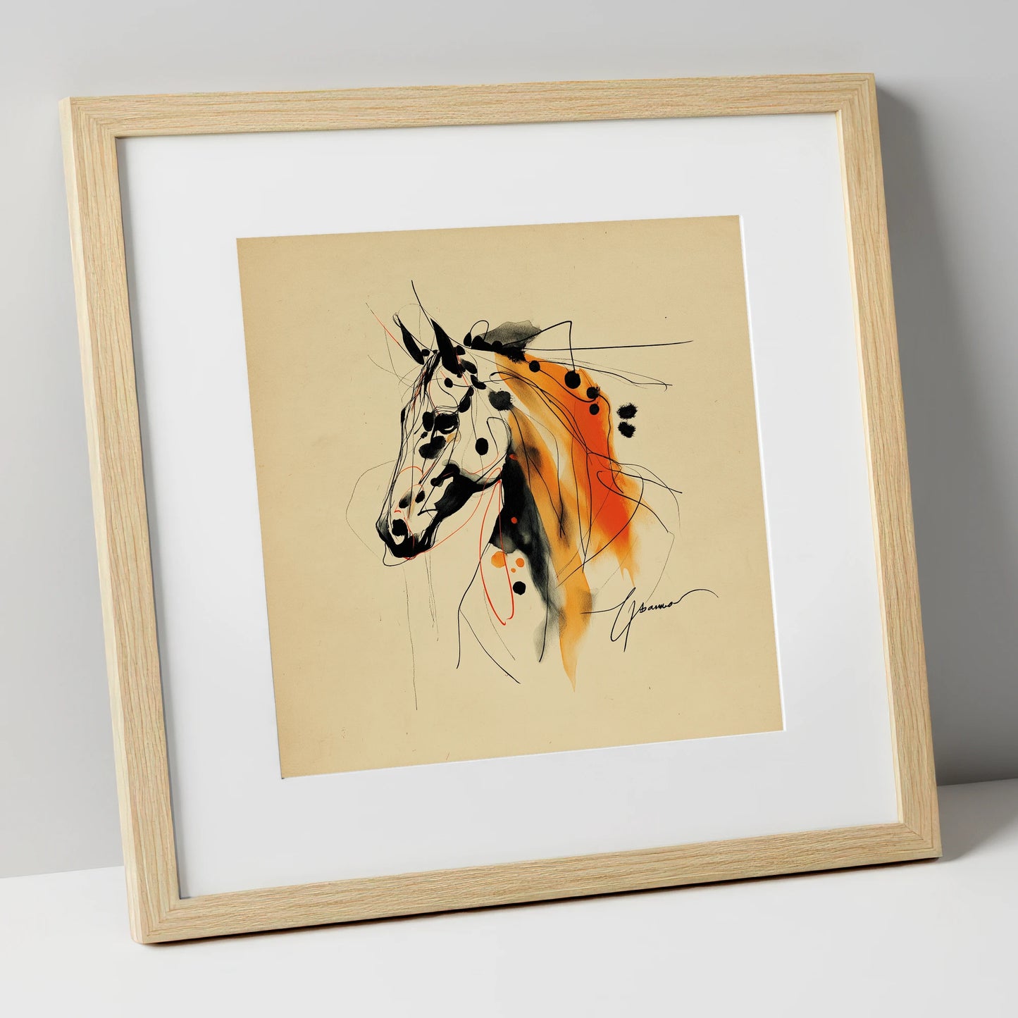 Abstract Amber Spirit horse breed art print in natural frame