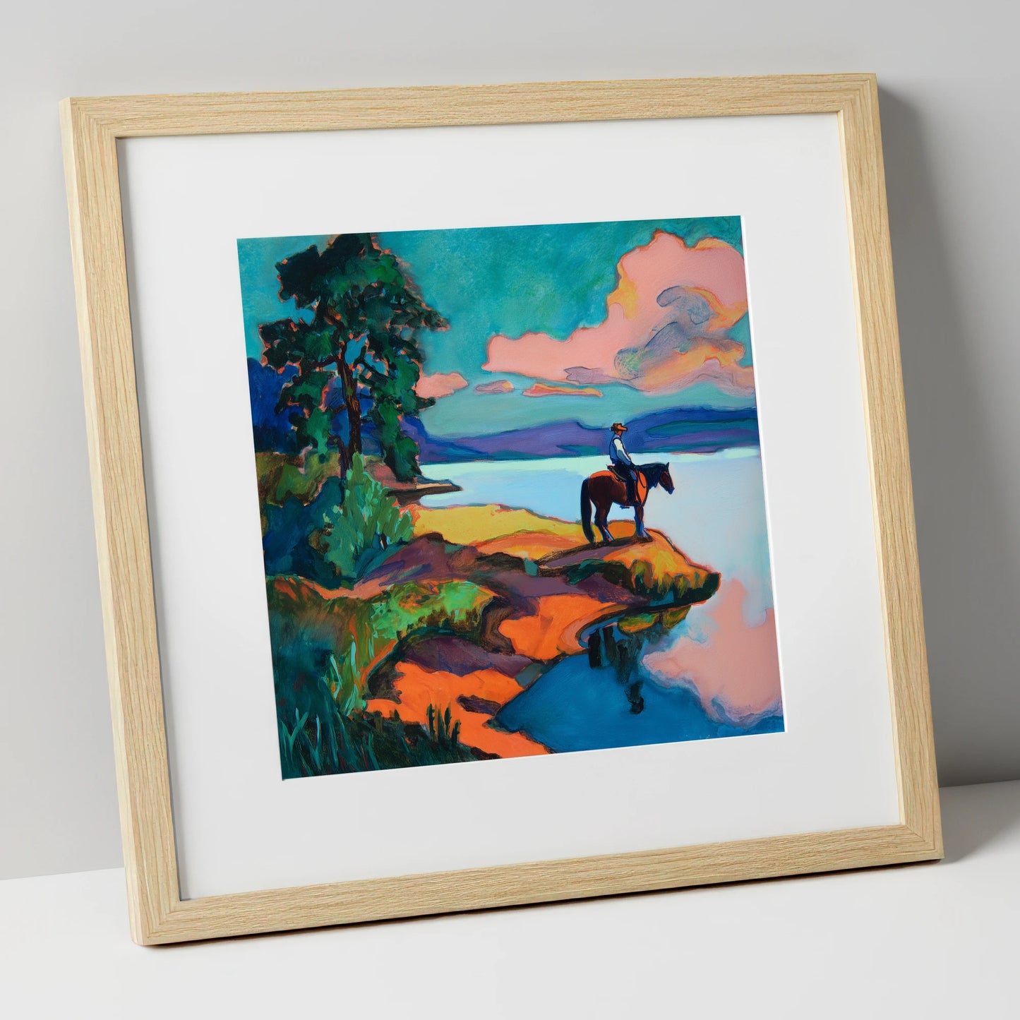 The Violet Shoreline beach horse art print in natural frame