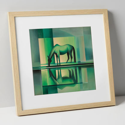 Verdant Reflection horse portrait art print in natural frame