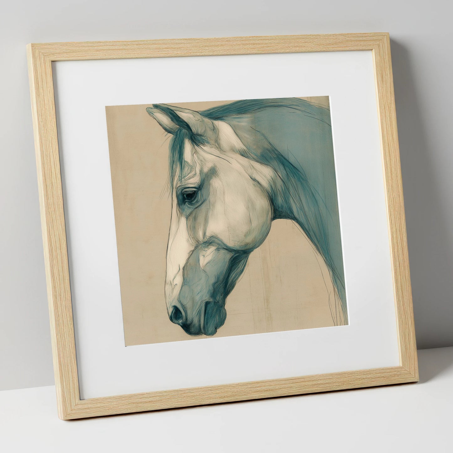 Teal Wash Portrait horse portrait art print in natural frame