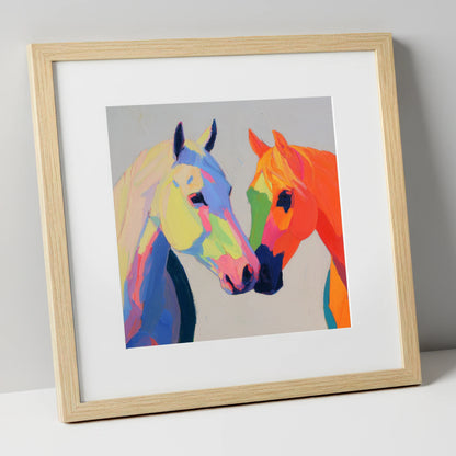 Technicolour Companions horse portrait art print in natural frame