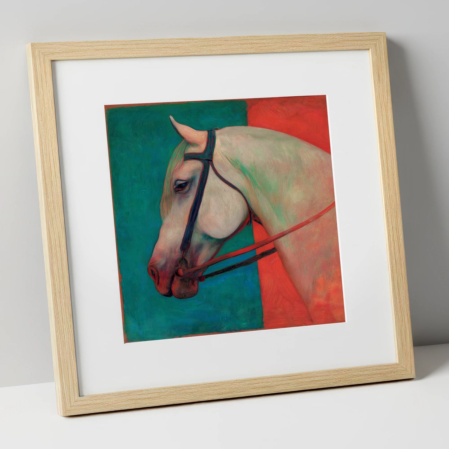 Crimson and Emerald Profile horse breed art print in natural frame