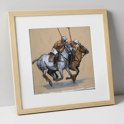 The Midfield Duel polo horse art print in natural frame