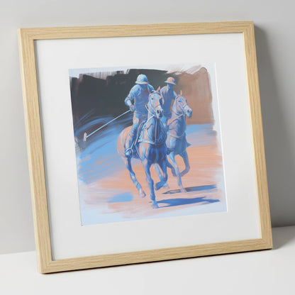 Cobalt Polo Pursuit polo horse art print in natural frame