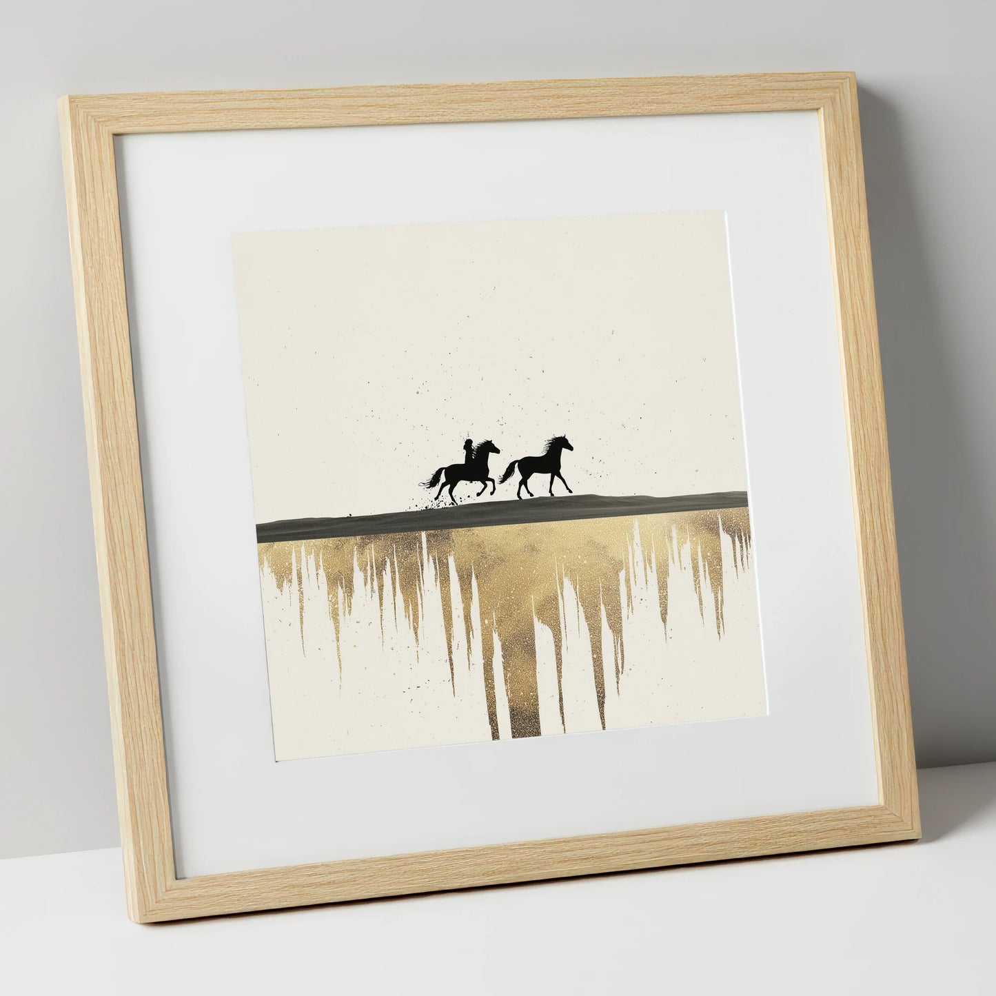 Golden Horizon Silhouettes horse landscape art print in natural frame