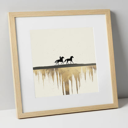 Golden Horizon Silhouettes horse landscape art print in natural frame