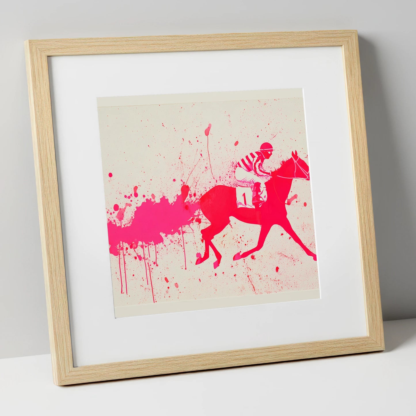 Magenta Racing Surge racing horse art print in natural frame