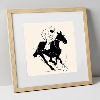 Monochrome Gallop racing horse art print in natural frame